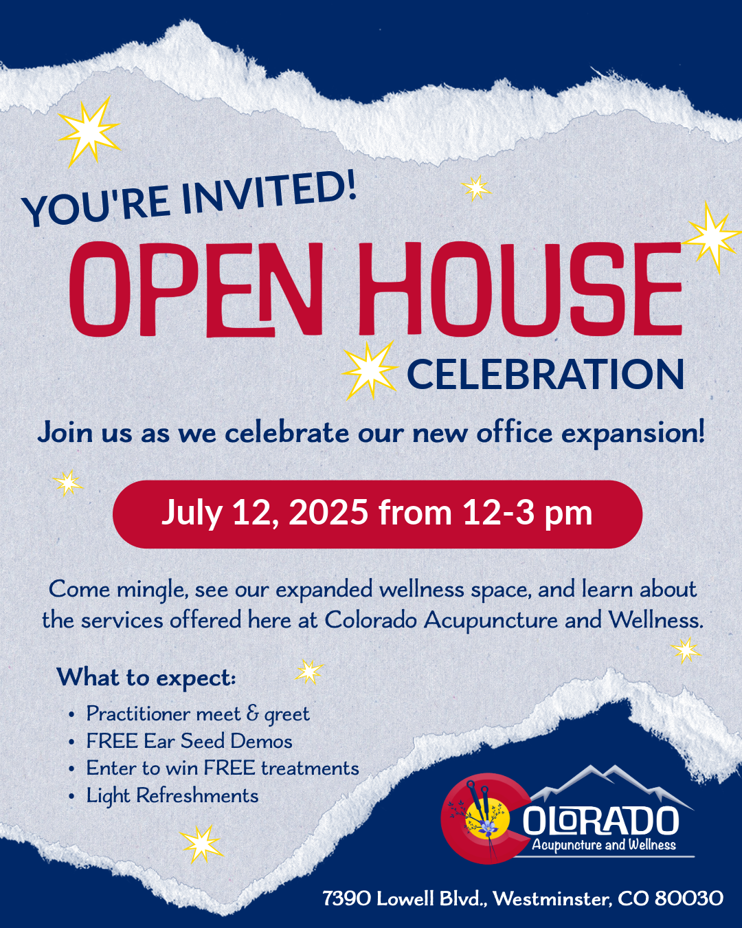 Open House Celebration, July 12, 2025 from 2-3 pm at 7390 Lowell Blvd. Westminster, CO 80030